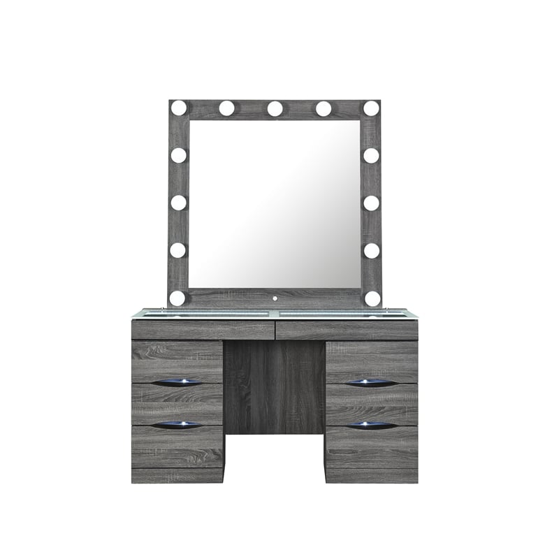 Lexi Gray Wood Vanity Set with Lighted Mirror and Upholstered Stool