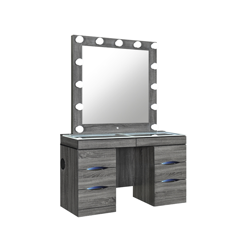 Lexi Gray Wood Vanity Set with Lighted Mirror and Upholstered Stool