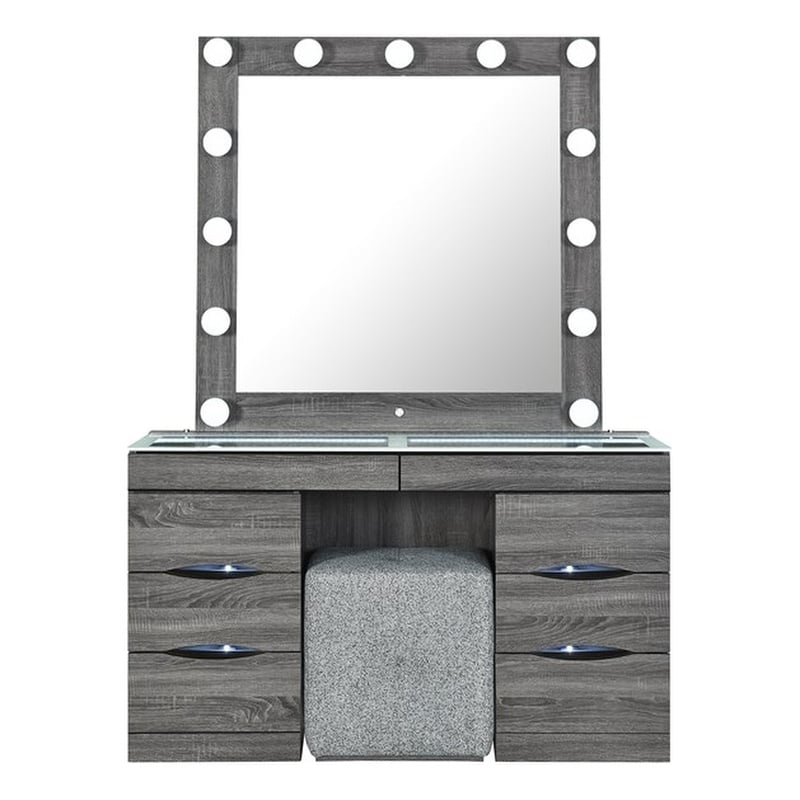 Lexi Gray Wood Vanity Set with Lighted Mirror and Upholstered Stool