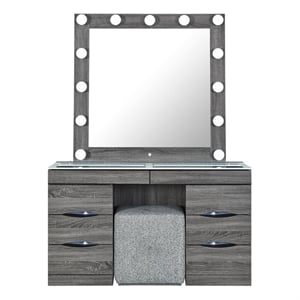 Lexi Gray Wood Vanity Set with Lighted Mirror and Upholstered Stool
