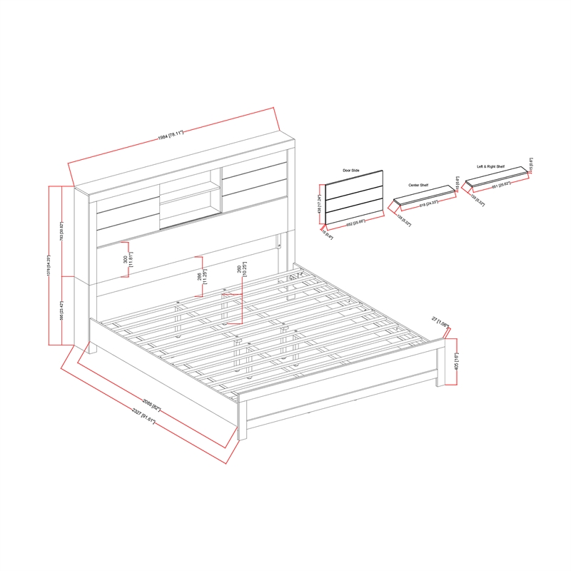 Lisbon Engineered Wood Gray and Black Bookcase Headboard King bed