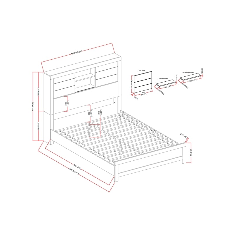 Lisbon Engineered Wood Gray and Black Bookcase Headboard Queen Bed