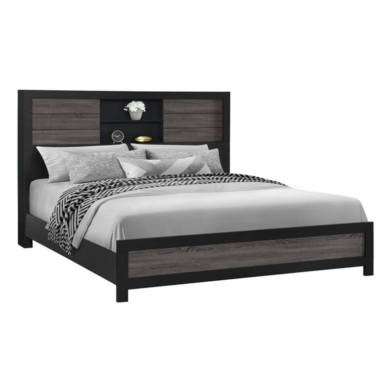 Lisbon Engineered Wood Gray and Black Bookcase Headboard Queen Bed