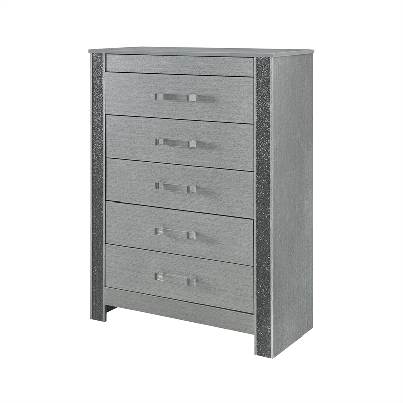 Logan Silver Wood 5 Drawer Bedroom Chest