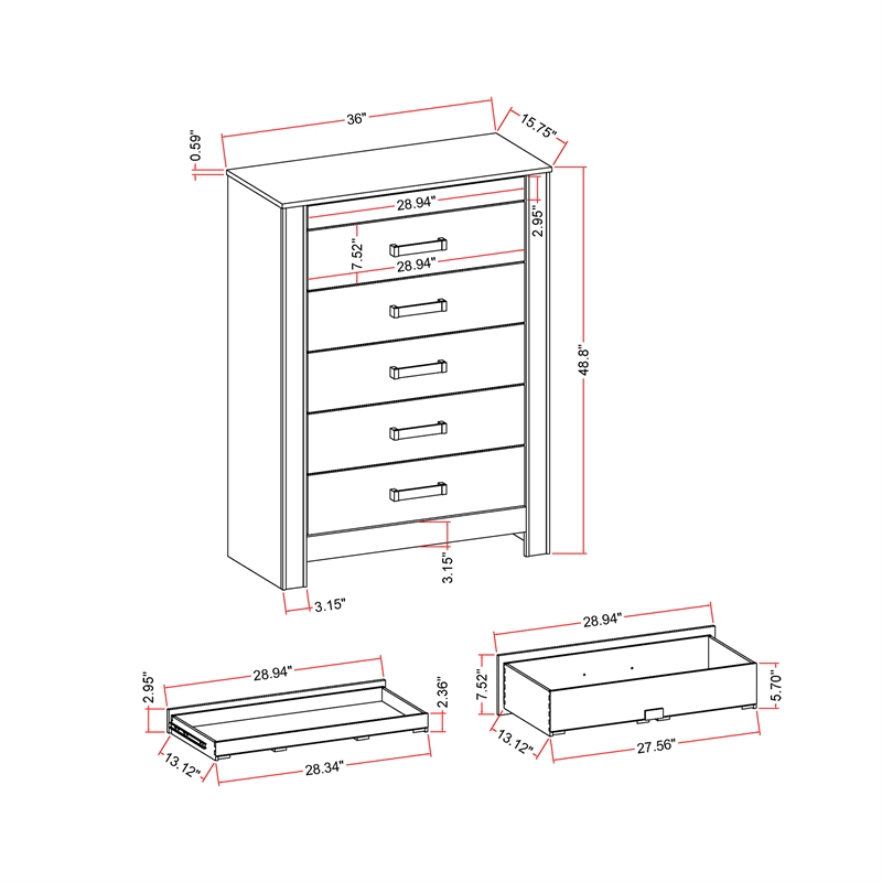 Logan Silver Wood 5 Drawer Bedroom Chest