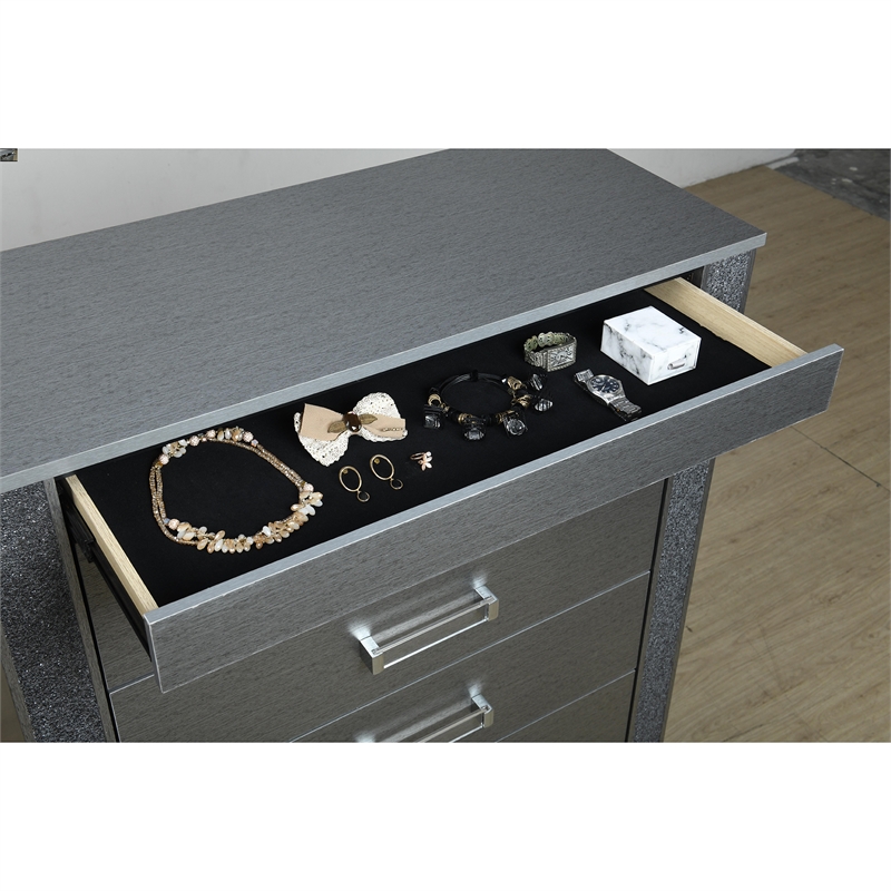 Logan Silver Wood 5 Drawer Bedroom Chest