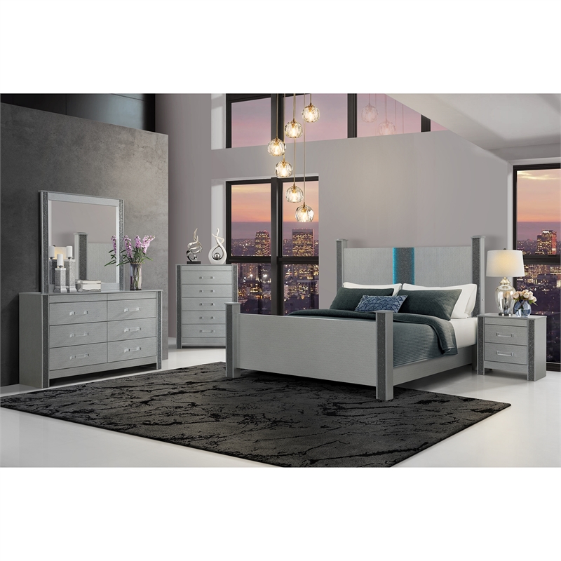 Logan Silver Wood 5 Drawer Bedroom Chest