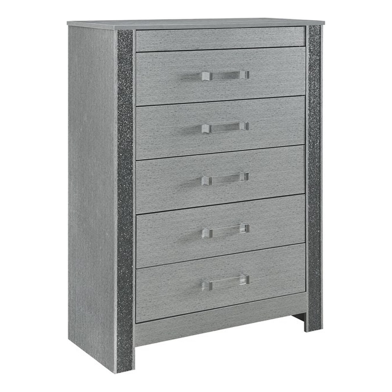 Logan Silver Wood 5 Drawer Bedroom Chest