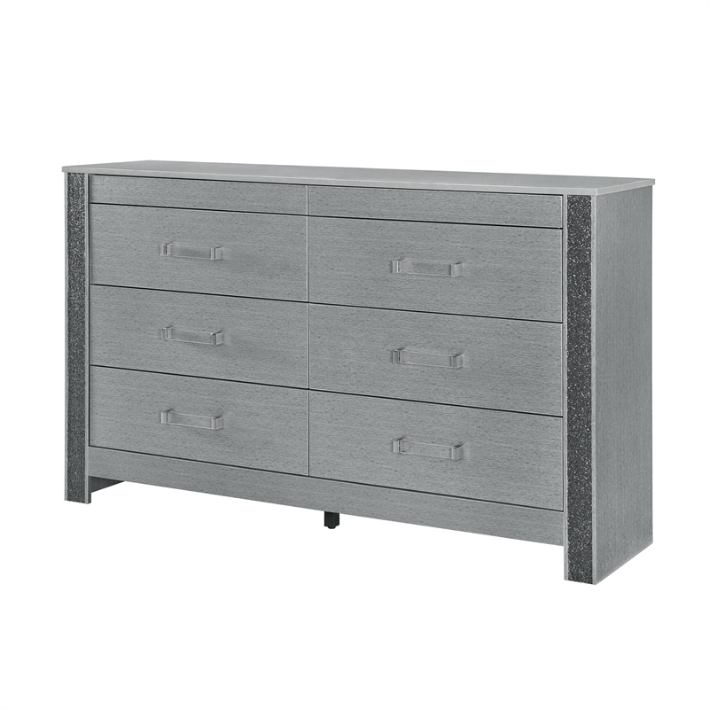 Logan Silver Wood 6 Drawer Bedroom Dresser with Crystal Accents
