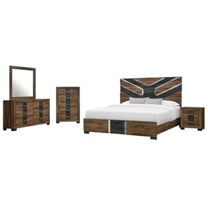Optimus Brown Engineered Wood 5PC King Bedroom Set with LED and Accented Panel