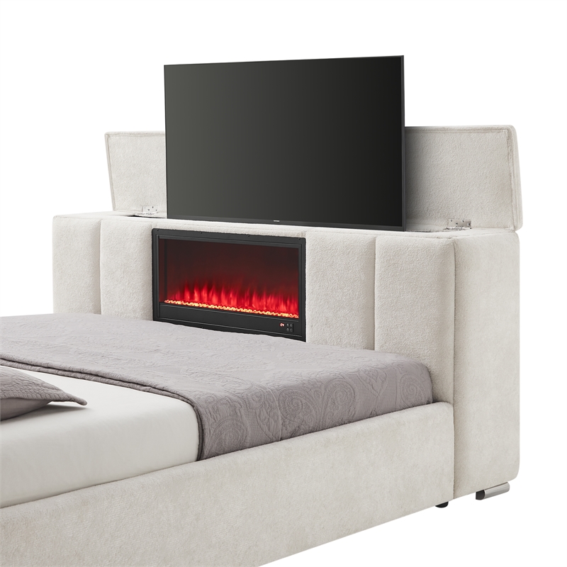 Serenity Fully Upholstered King Bed with Speaker and Fireplace