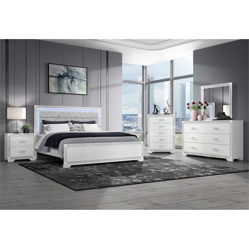 Soleil White Wood and Upholstered Headboard King Bed with LED Light