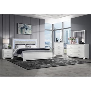 Soleil White Upholstered Headboard 5PC King Bedroom Set with LED Light