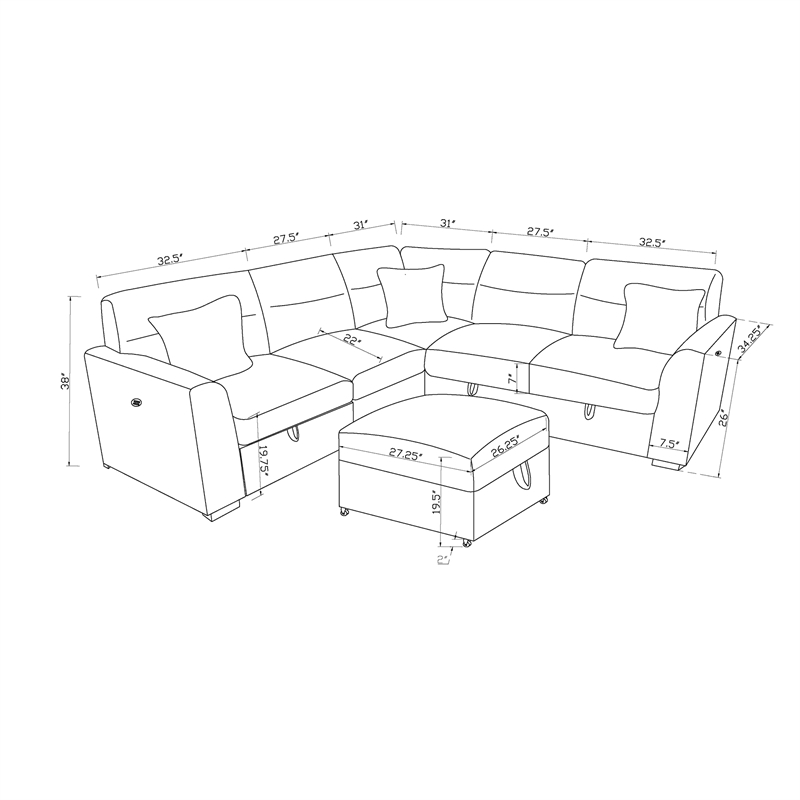 Global Furniure U9401 Sofa Bed Sectional with 3 Pillows in Nickel