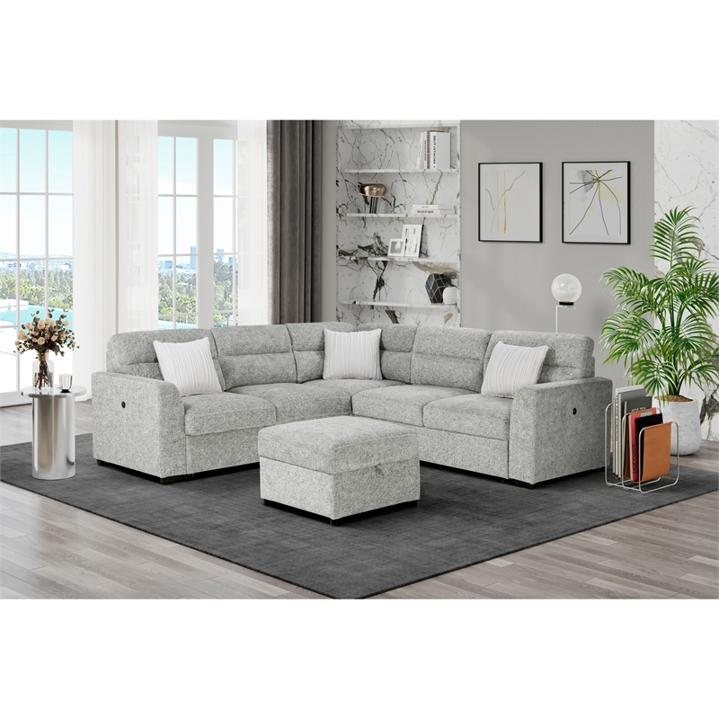 Global Furniure U9401 Sofa Bed Sectional with Ottoman & Pillows in Nickel