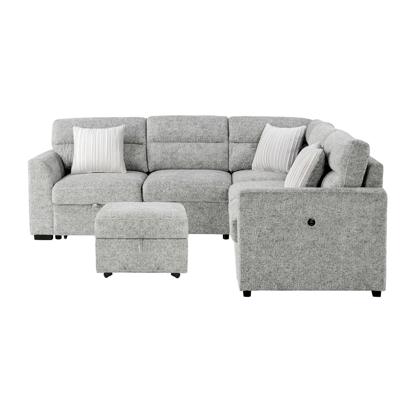 Global Furniure U9401 Sofa Bed Sectional with Ottoman & Pillows in Nickel
