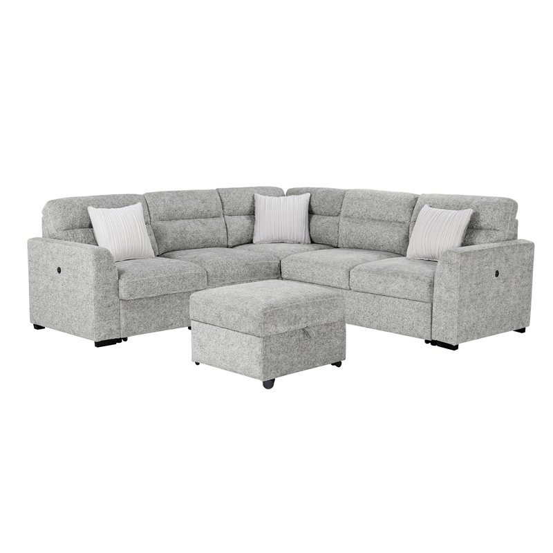 Global Furniure U9401 Sofa Bed Sectional with Ottoman & Pillows in Nickel