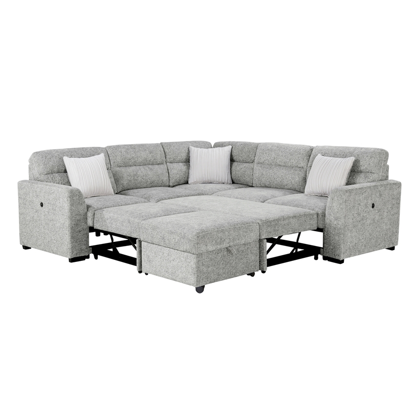 Global Furniure U9401 Sofa Bed Sectional with Ottoman & Pillows in Nickel