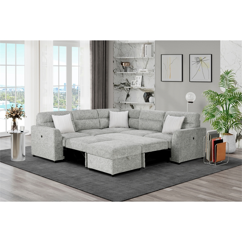 Global Furniure U9401 Sofa Bed Sectional with Ottoman & Pillows in Nickel