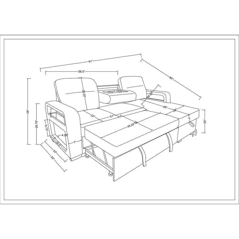 Global Furniture U2601 Convertable Sofa Bed w Drop Table&SPKR in Dark Gray