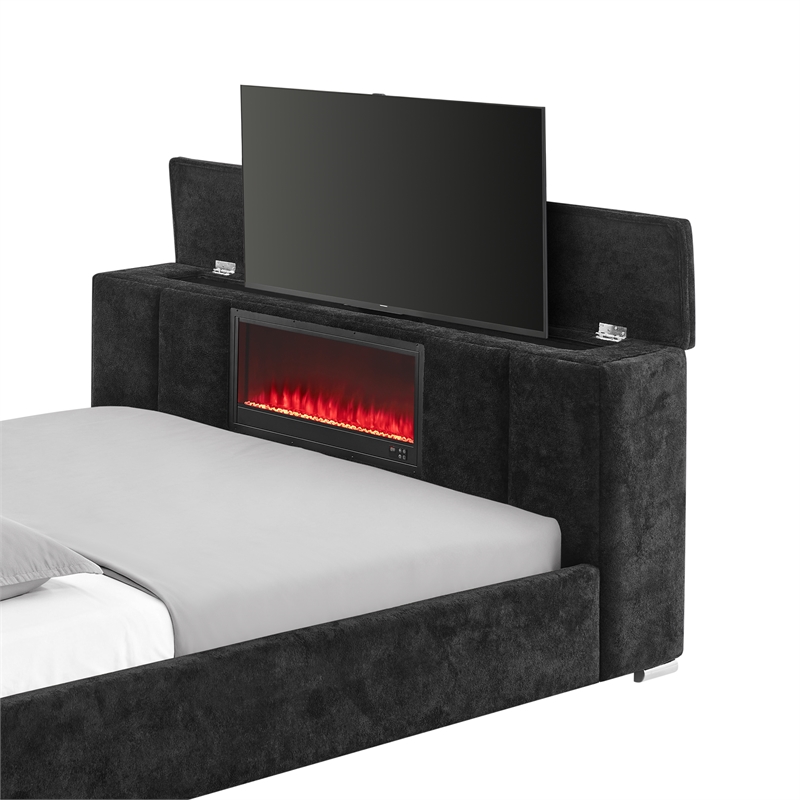 Global Furniure Serenity King Bed with SPKR-TV Lift and Fireplace in Onyx