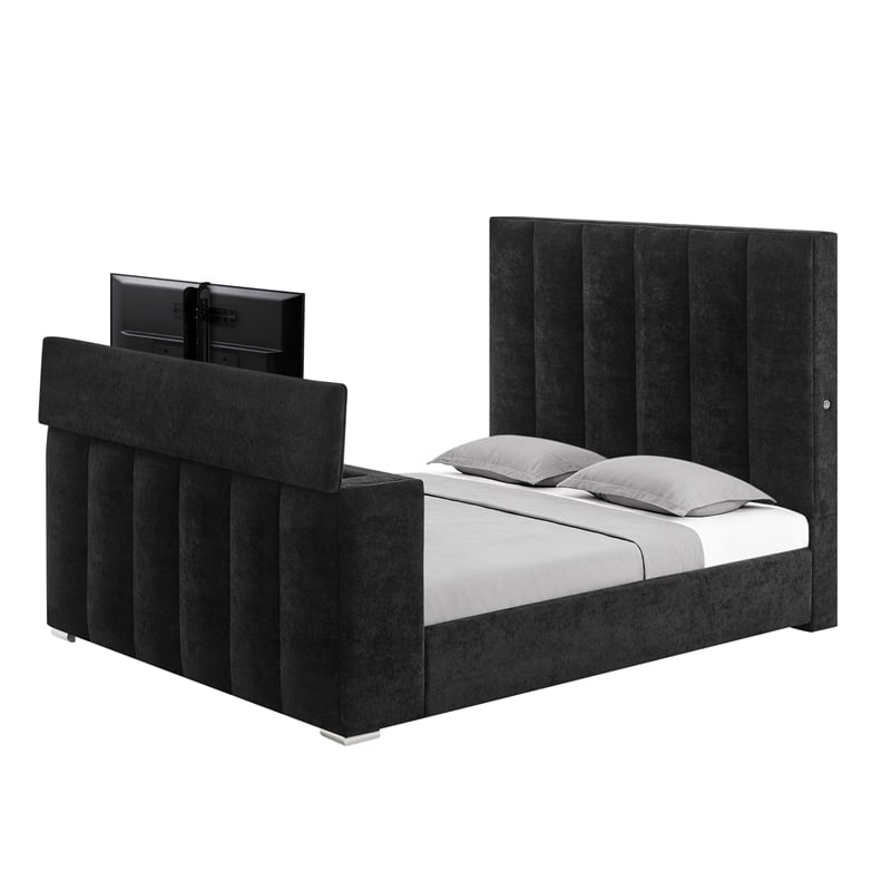 Global Furniure Serenity Queen Bed with SPKR-TV Lift and Fireplace in Onyx