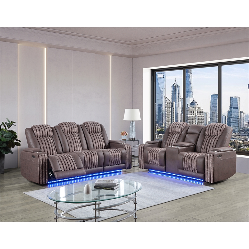 Global Furniure U8000 Power Recliner Loveseat W/PHR-LED and SPKR in Brown