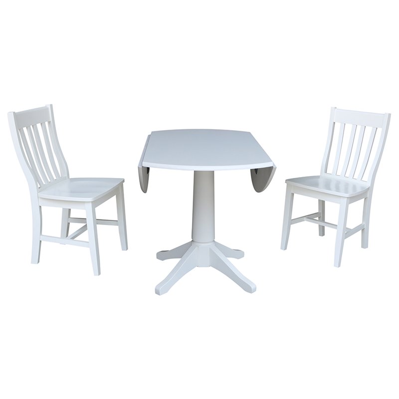 International Concepts 3 Piece Drop Leaf Round Wood Dining Set in White