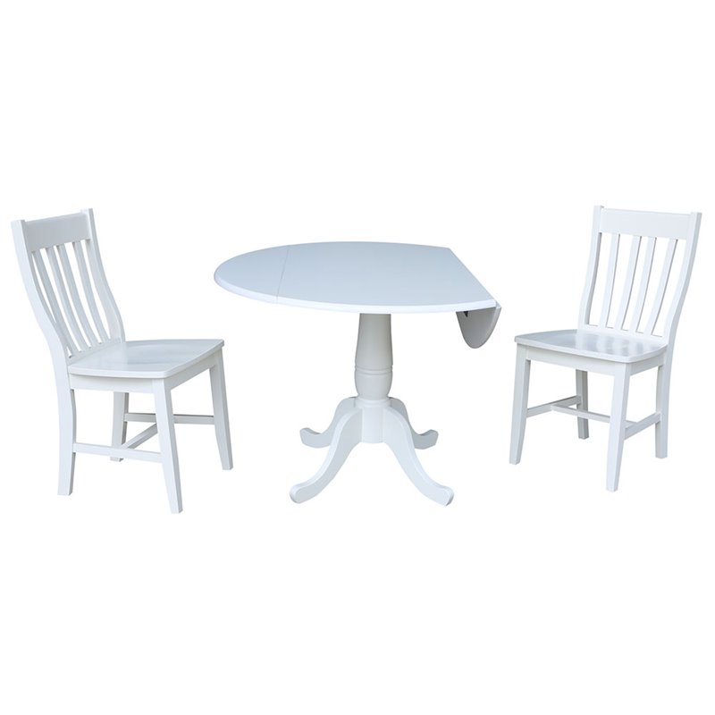 International Concepts 3 Piece Drop Leaf Round Wood Dining Set in White