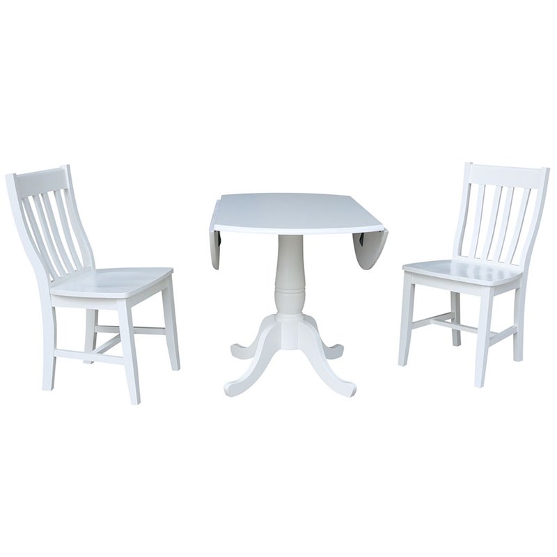 International Concepts 3 Piece Drop Leaf Round Wood Dining Set in White
