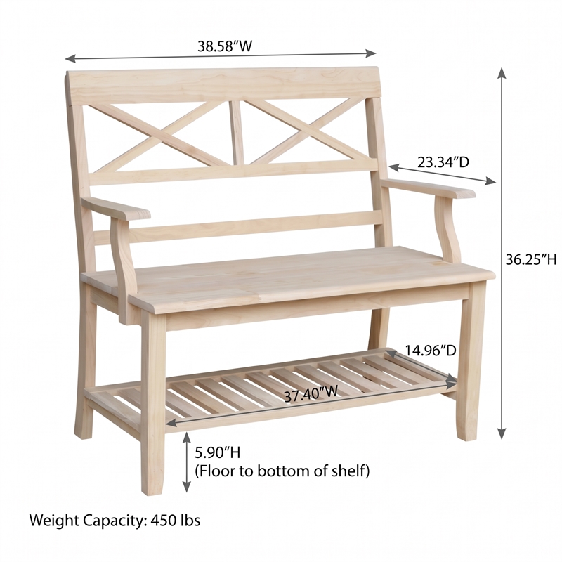 International Concepts Double X-Back Bench With Arms and Shelf