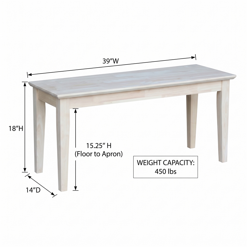 International Concepts Shaker Style Bench  Unfinished