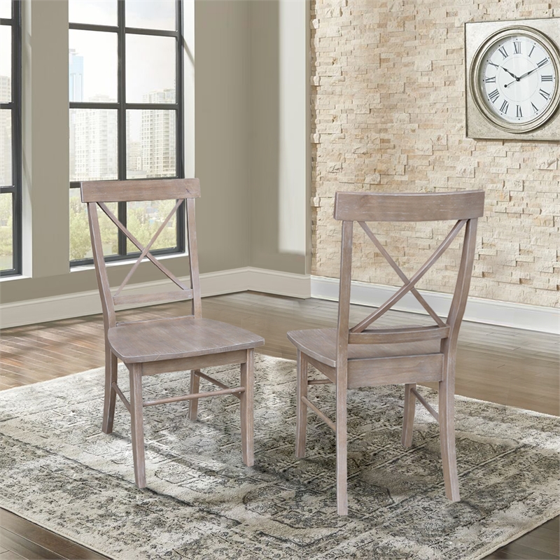 Set of Two X-Back Chairs  with Solid Wood Seats in Washed Gray Taupe