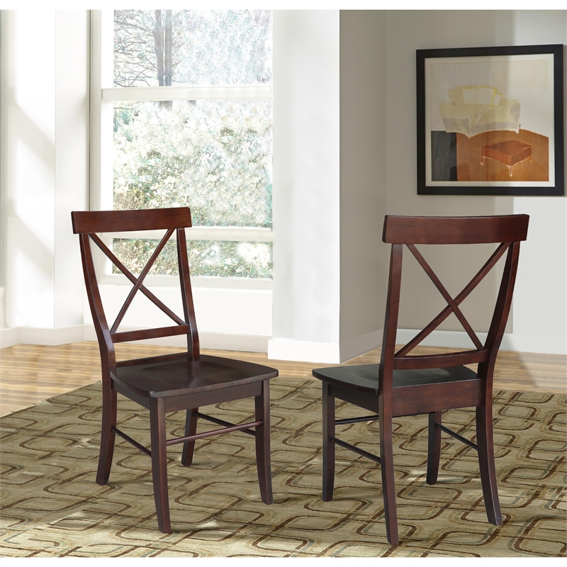 Set of Two X-Back Chairs with Solid Wood Seats in Rich Mocha