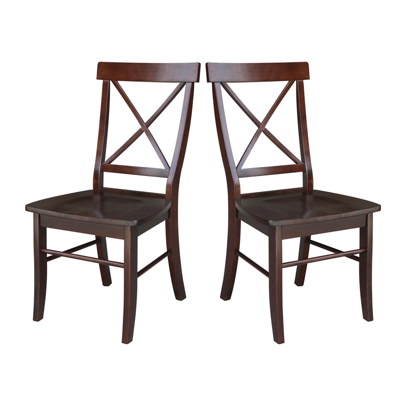 Set of Two X-Back Chairs with Solid Wood Seats in Rich Mocha