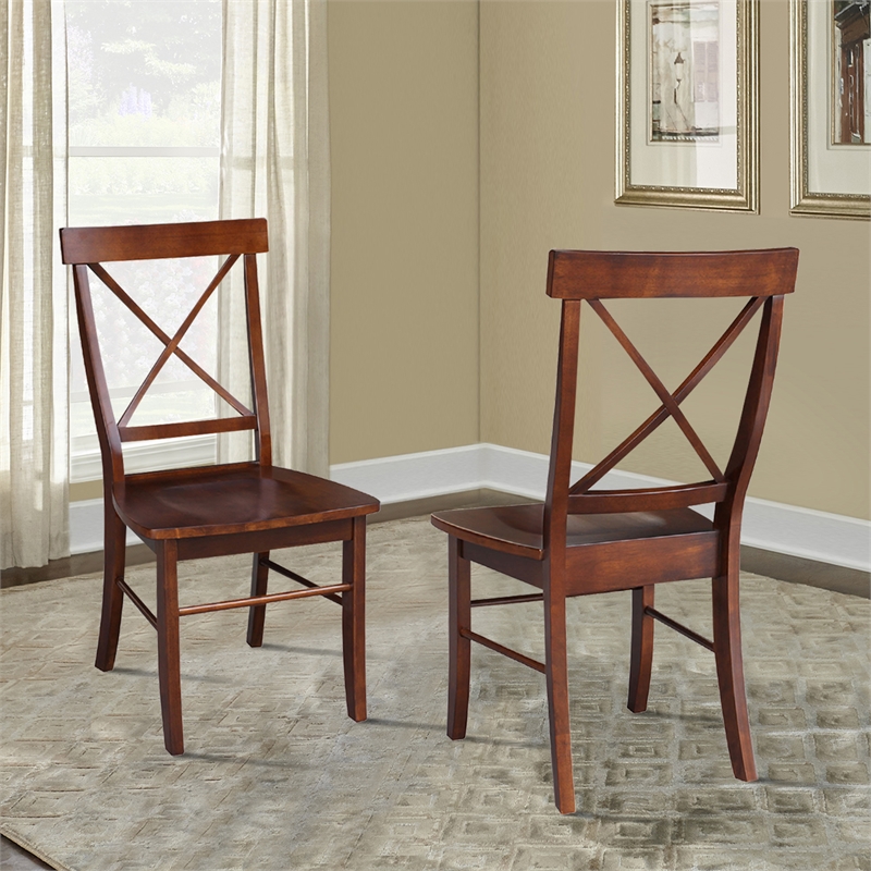 Set of Two X-Back Chairs with Solid Wood Seats in Espresso