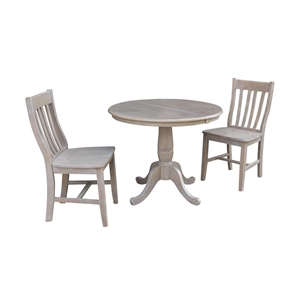 36&quot Round Extension Solid Wood Table With 2 Cafe Chairs in Washed Gray Taupe