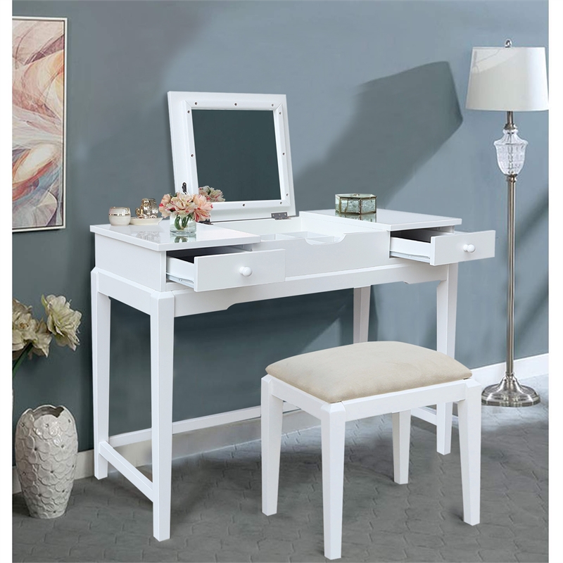 International Concepts Solid Wood Vanity Table With Bench in White