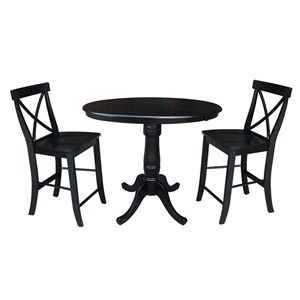 36&quot Round Extension Dining Table 35.3&quotH With 2 X-Back Counter height Stools