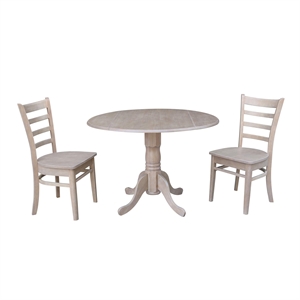 42&quot Dual Drop Leaf Wood Table With 2 Emily Side Chairs in Washed Gray Taupe