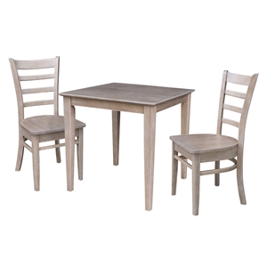 30x30 Solid Wood Dining Table With 2 Emily Chairs in Washed Gray Taupe