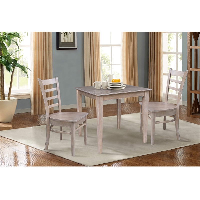 30x30 Solid Wood Dining Table With 2 Emily Chairs in Washed Gray Taupe