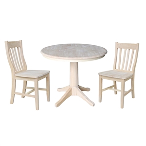 36&quot Round Top Solid Wood Pedestal Table With 2 Cafe Chairs in Unfinished