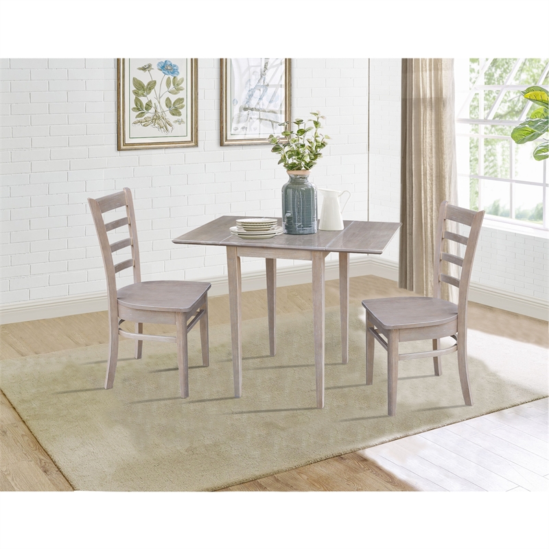 Small Wood Dual Drop Leaf Table with Two Chairs  Washed Gray Taupe