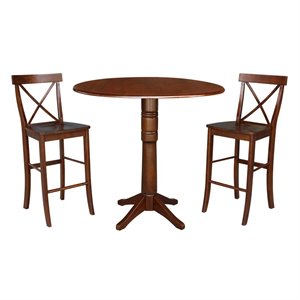 42&quot Round Pedestal Bar Height Table with Two Bar Height Stools  Espresso