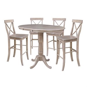 36&quot Round Extension Dining Table with Four Bar height Stools  Washed Gary Taupe