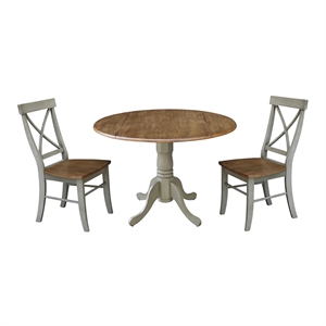 42&quot Drop Leaf Solid Wood Distressed Hickory/Stone Table With 2 X-Back Chairs