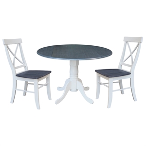42&quot Drop Leaf Wood Table with 2 X-back Chairs in White/Heather Gray