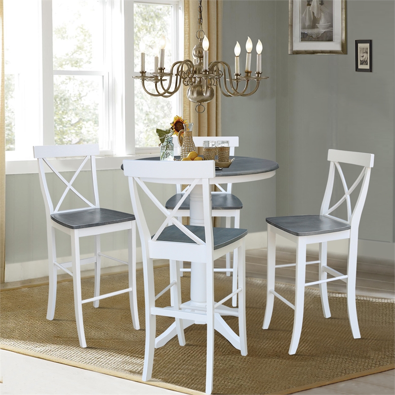 36'' Solid Wood Round Extension Dining Table With 4 Stools in White/Gray