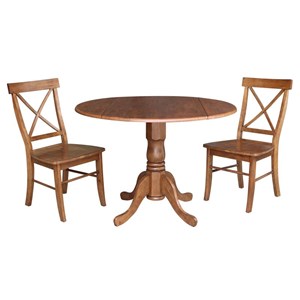 42&quot Solid Wood Dual Drop Leaf Table With 2 X-Back Chairs in an Oak Finish